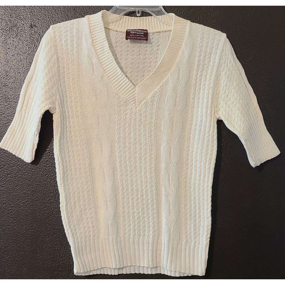 Vintage 70s Mademoiselle Short Sleeve Knit Sweater Womens SM Ivory 100 Cotton